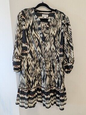 Velvet by Graham & Spencer Black, Cream & Brown Ikat Tiered Long-Sleeve Dress XS